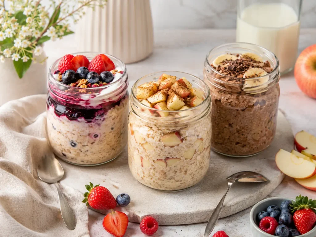 Drei Overnight Oats Varianten zum Abnehmen mit Beeren Apfel Zimt und Banane