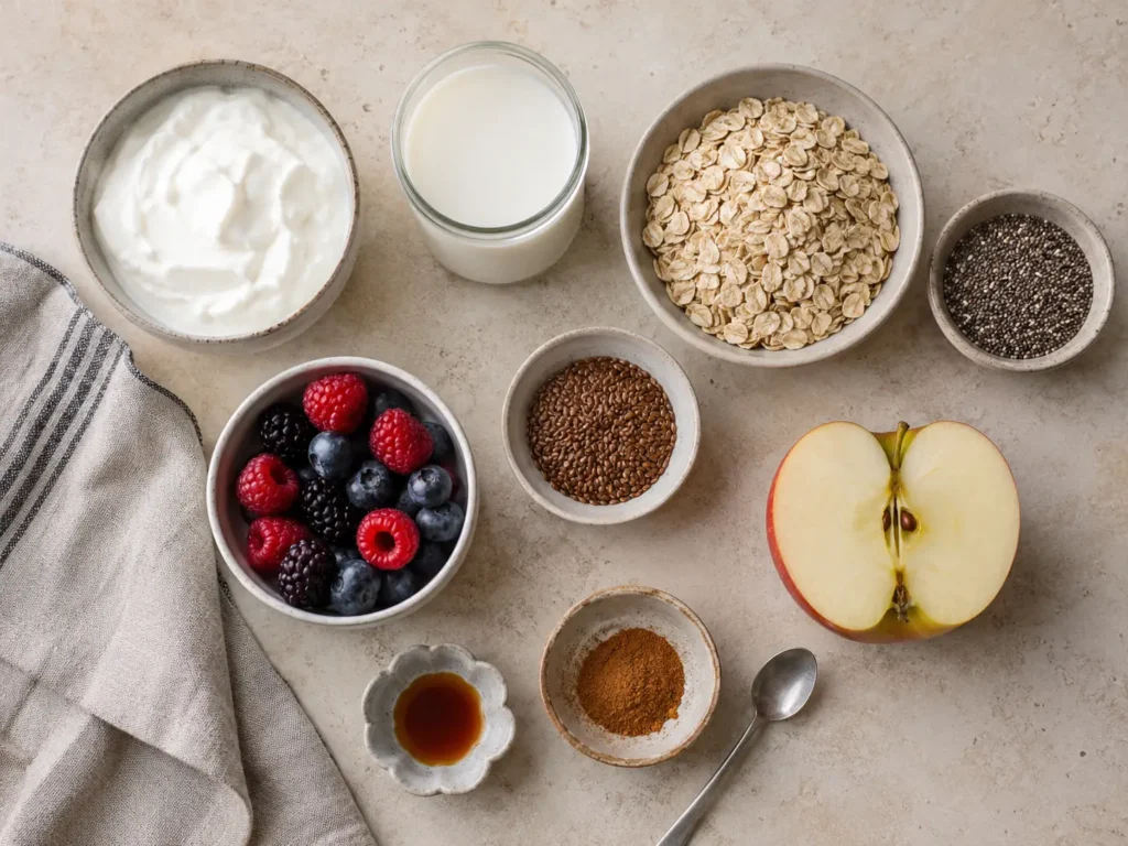 Zutaten für Overnight Oats abnehmen mit Haferflocken Skyr Beeren und Chiasamen