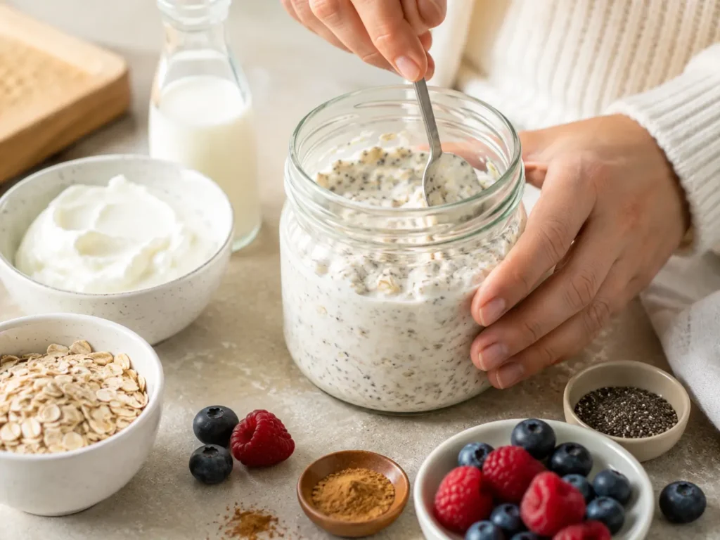 Overnight Oats zum Abnehmen werden mit Haferflocken Skyr Milch und Chiasamen angerührt