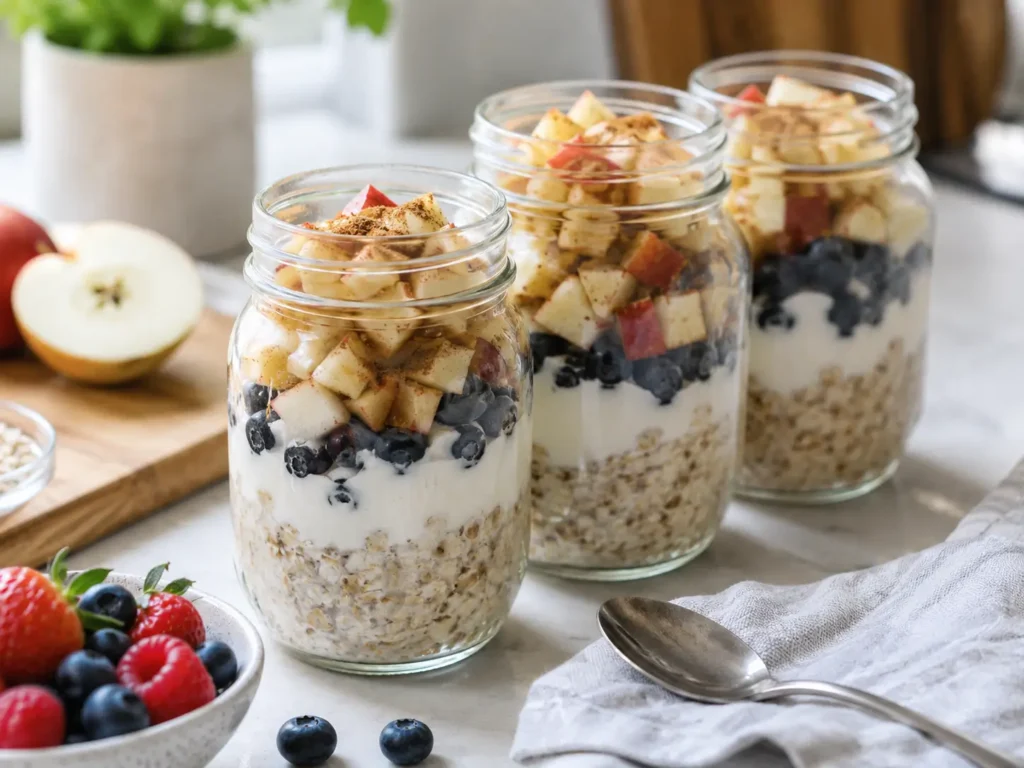 Overnight Oats im Glas mit Beeren und Apfel als schnelles Frühstück zum Abnehmen