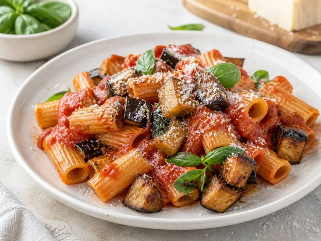 Pasta alla Norma Rezept mit Auberginen Tomatensauce Basilikum und geriebenem Käse