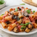 Pasta alla Norma Rezept mit Auberginen Tomatensauce Basilikum und geriebenem Käse