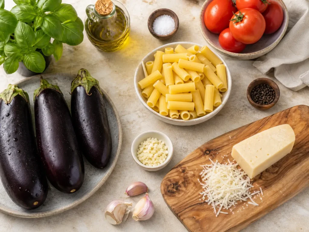 Zutaten für Pasta alla Norma mit Auberginen Tomaten Pasta Basilikum und Käse