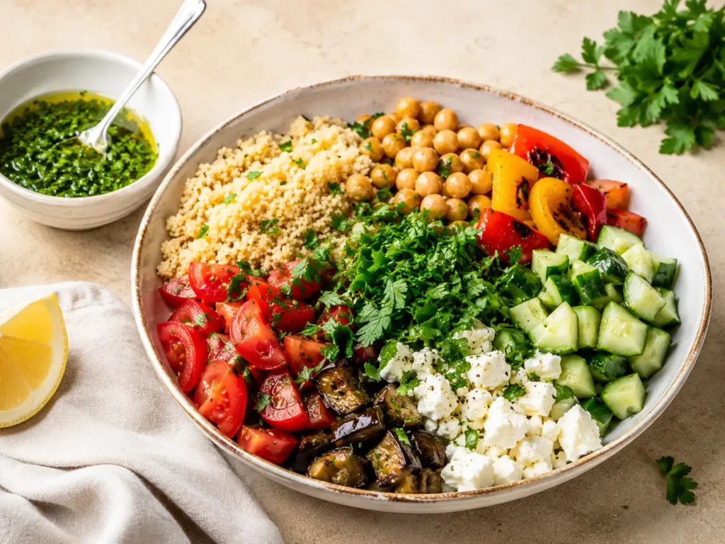 Petersilie Bowl mit Couscous, Kichererbsen und Zitronen-Dressing