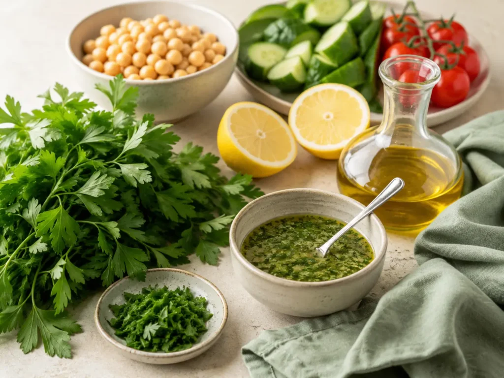 Petersilie mit frischen Zutaten für Salate, Saucen, Bowls und Dressings