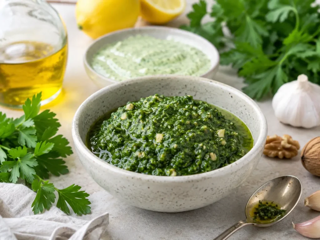 Petersilienpesto und grüne Petersilien-Sauce mit Zitrone und Knoblauch