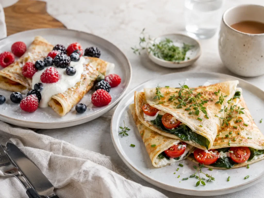 Süße und herzhafte Pfannkuchen mit Beeren, Joghurt, Spinat und Frischkäse