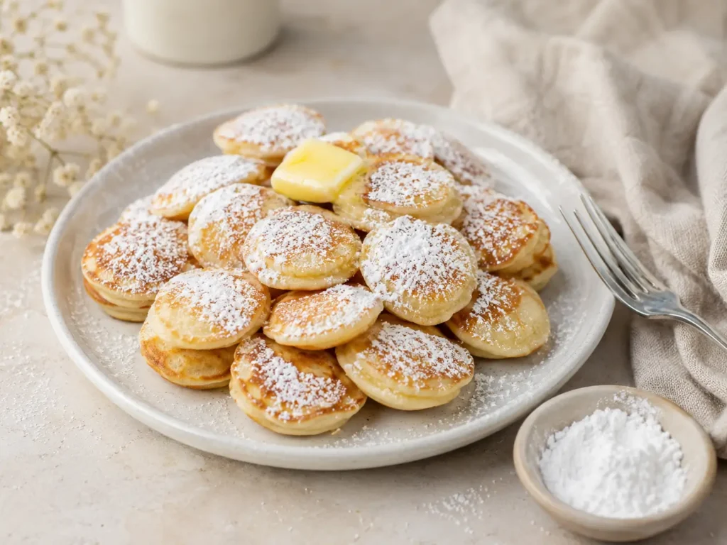 Poffertjes Rezept mit Butter und Puderzucker auf einem hellen Teller