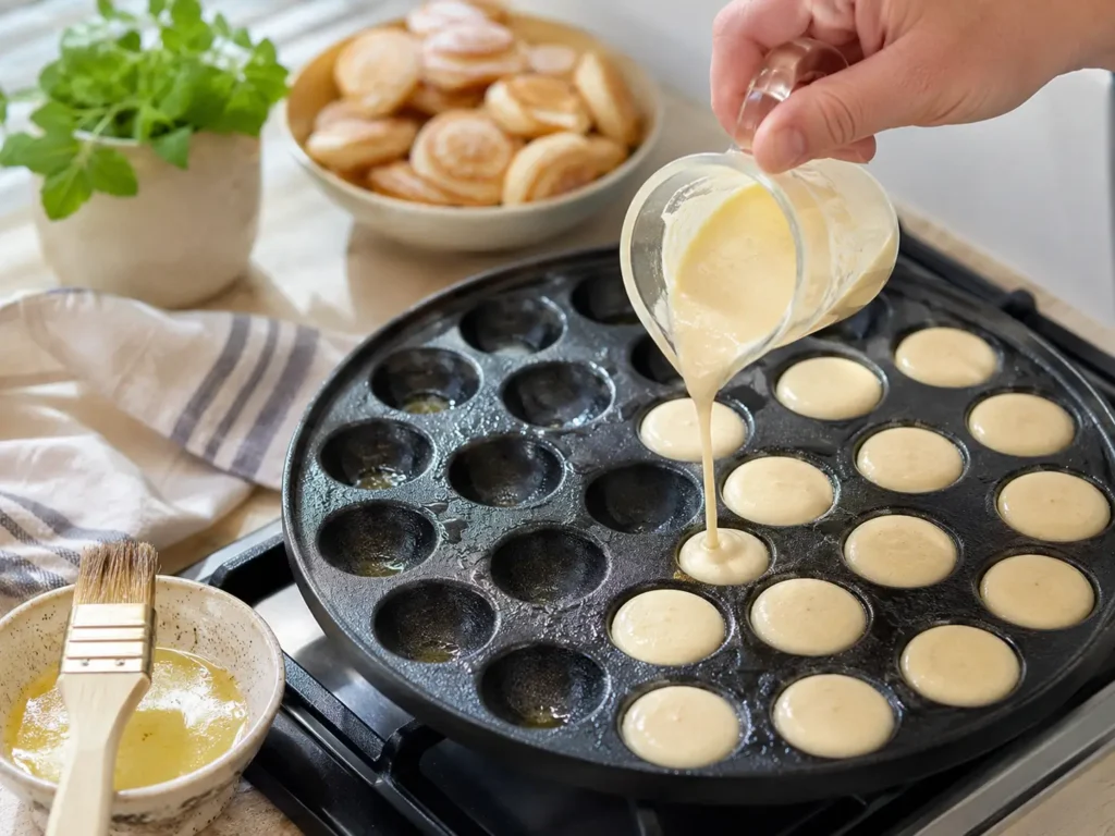 Poffertjes Teig wird in eine Poffertjes Pfanne gefüllt