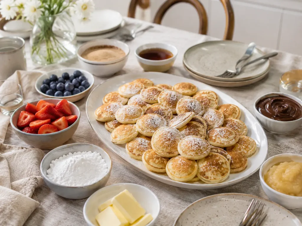 Poffertjes mit Toppings wie Puderzucker Butter Beeren und Schokosauce