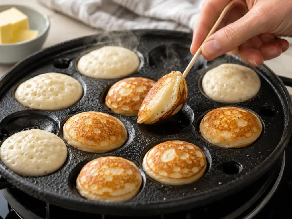Poffertjes werden in der Pfanne goldbraun gebacken und gewendet