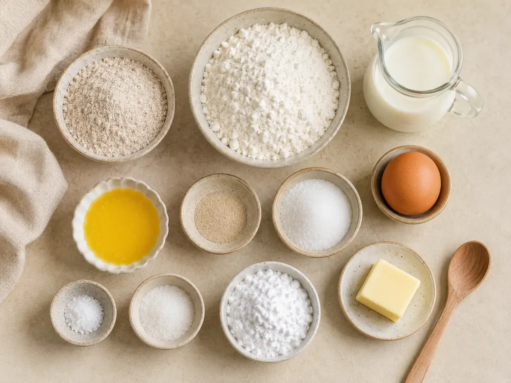 Zutaten für Poffertjes mit Mehl Hefe Milch Butter und Puderzucker