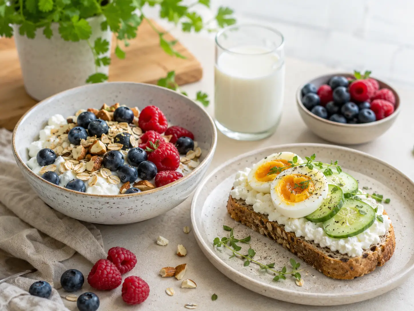 Protein Frühstück mit Skyr, Beeren, Haferflocken, Ei und Hüttenkäse