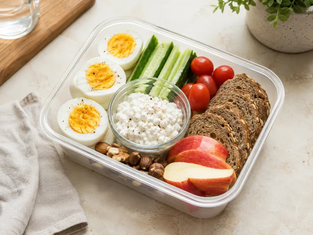 Protein Frühstück Meal Prep Box mit Eiern Hüttenkäse Gemüse und Vollkornbrot