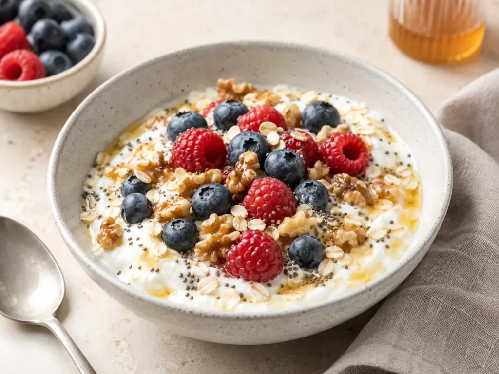 Protein Frühstück Skyr Bowl mit Beeren Haferflocken und Nüssen
