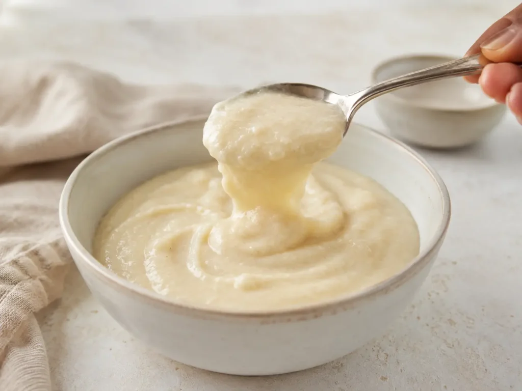 Cremige Konsistenz von Protein Porridge bariatrisch auf einem Löffel