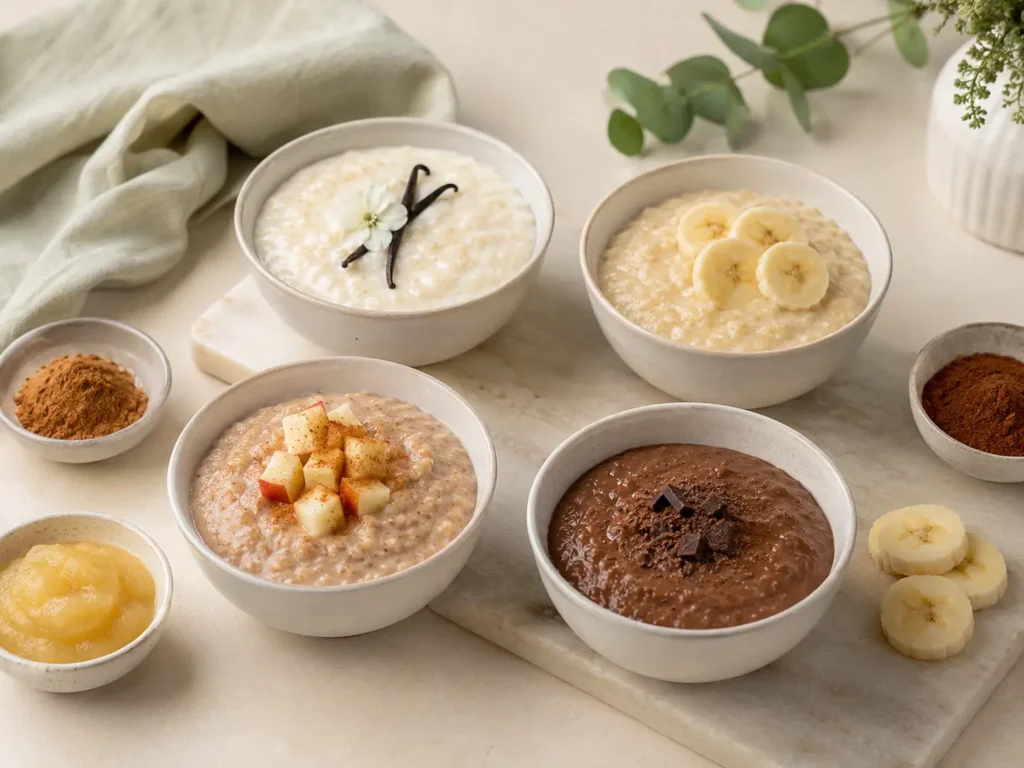 Protein Porridge bariatrisch Varianten mit Vanille Banane Apfel Zimt und Kakao