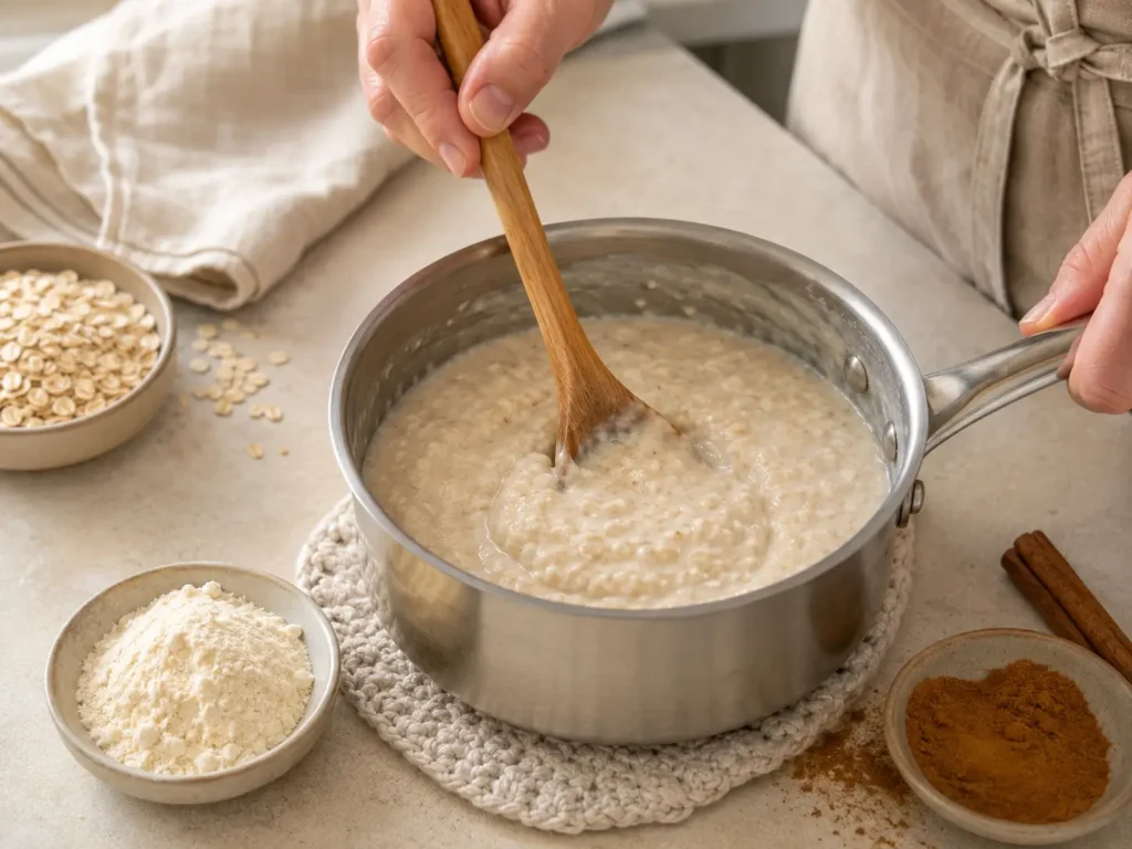 Protein Porridge bariatrisch wird cremig im kleinen Topf gerührt