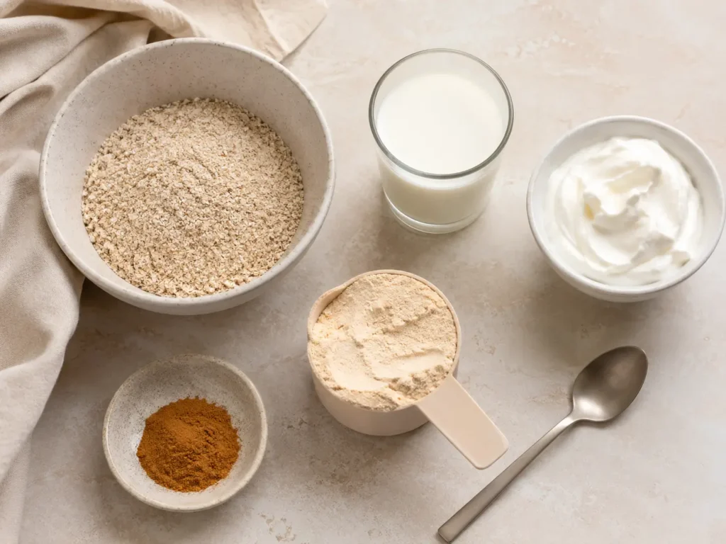 Zutaten für Protein Porridge bariatrisch mit Haferflocken, Milch, Skyr und Proteinpulver