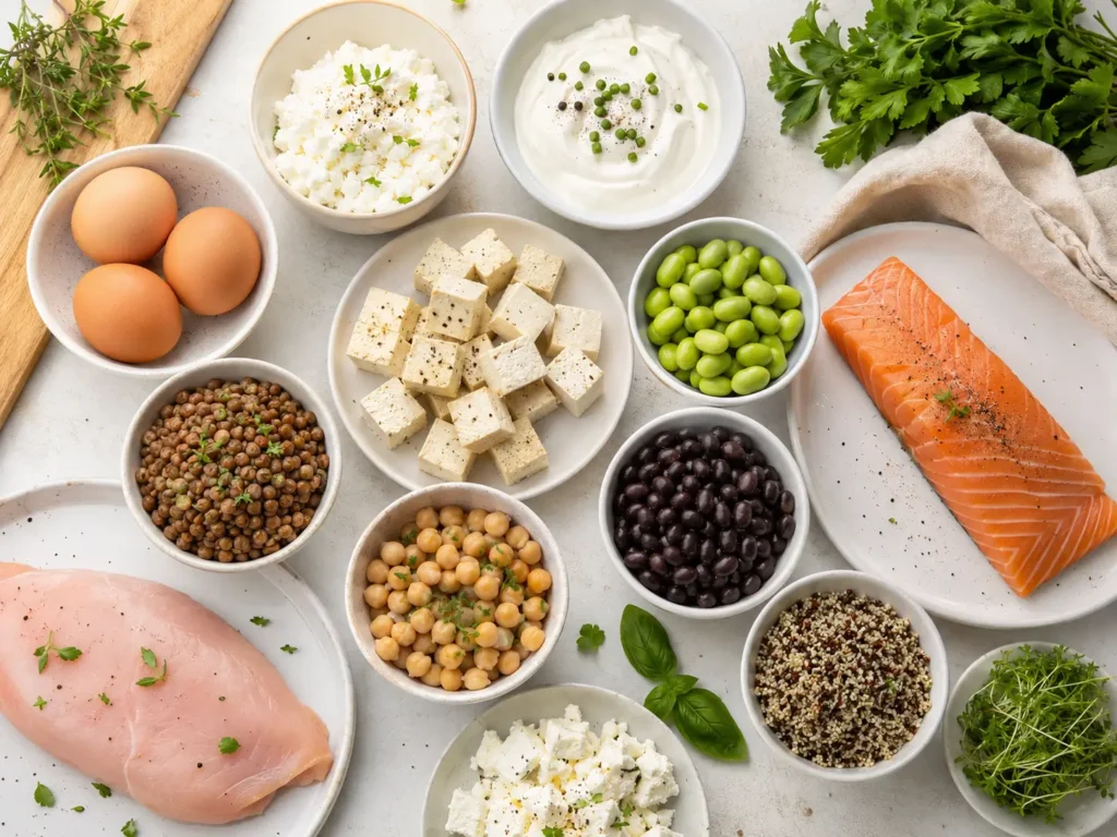 Proteinreiche Zutaten für High Protein Abendessen mit Tofu, Eiern, Linsen und Hüttenkäse