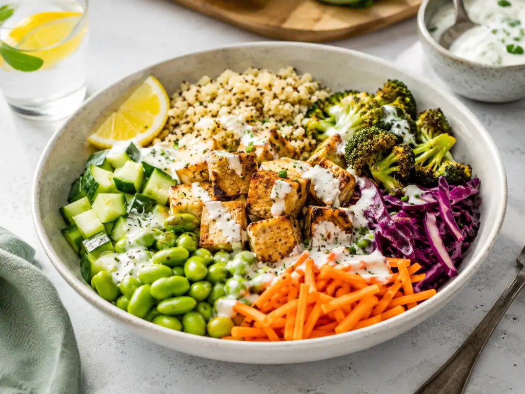Proteinreiche vegetarische Bowl mit Tofu, Edamame, Quinoa, Gemüse und Joghurt-Dressing