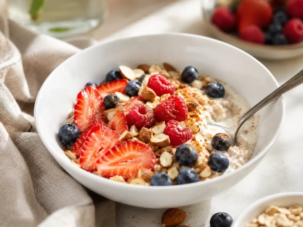 Proteinreiches vegetarisches Frühstück mit Skyr, Haferflocken, Beeren und Nüssen