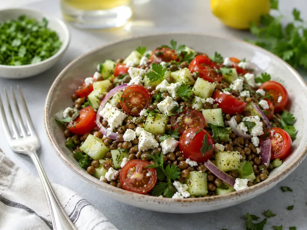 Proteinreicher vegetarischer Linsen-Feta-Salat mit Gurke, Tomaten und Petersilie