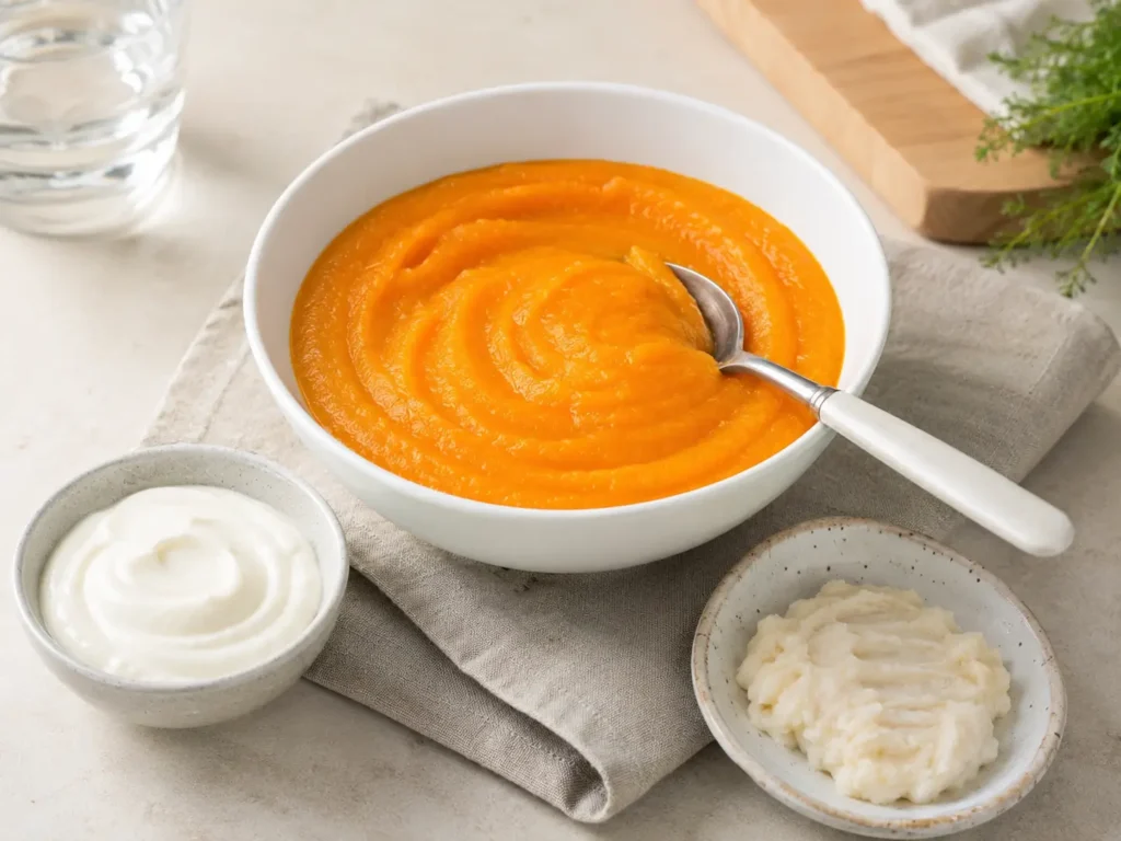 Pürierte Kost nach Magen-OP mit cremigem Gemüsebrei, Skyr und kleiner Proteinportion