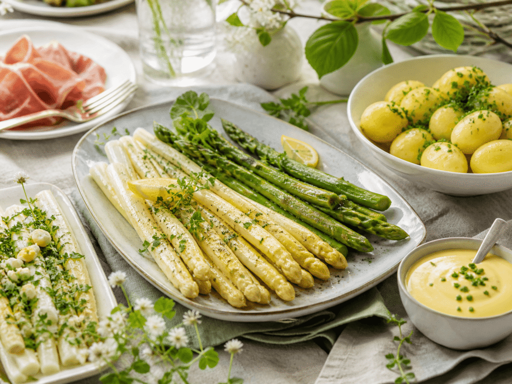 Rezept mit Spargel mit grünem und weißem Spargel Kartoffeln und Sauce Hollandaise