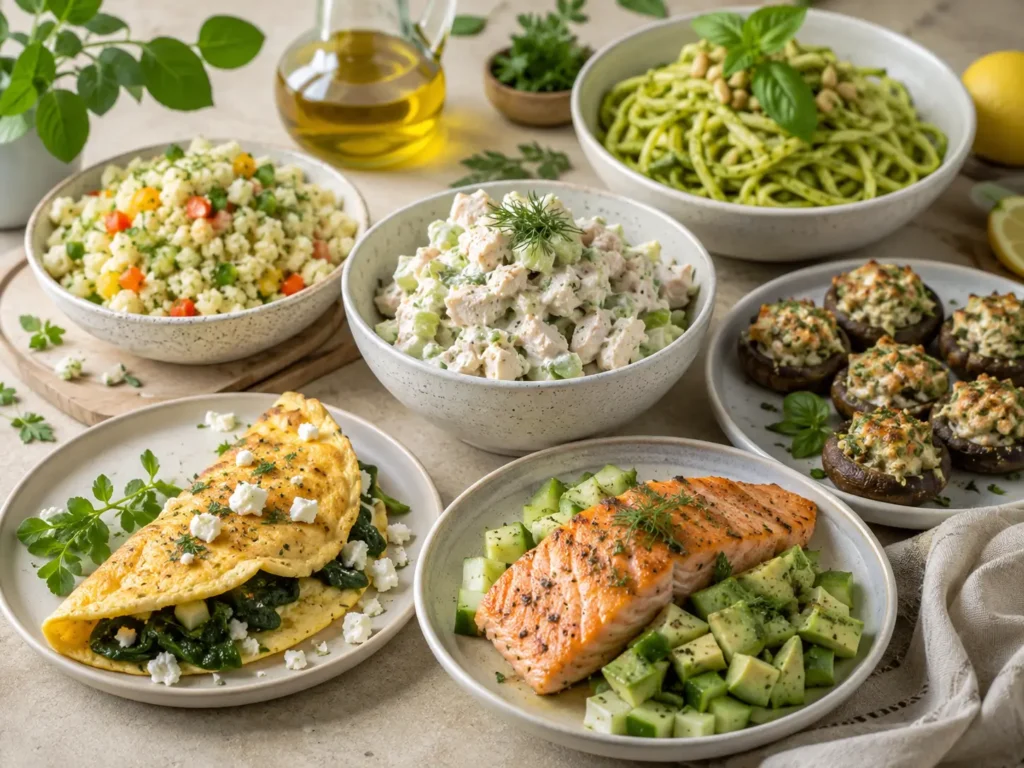 Rezepte ohne Kohlenhydrate mit Lachs, Omelett, Salat, Blumenkohlreis und Zucchini-Nudeln