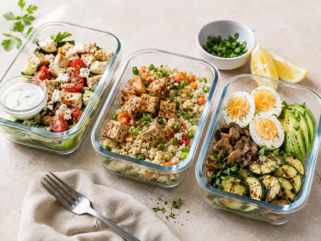 Rezepte ohne Kohlenhydrate als Meal Prep mit Salat, Blumenkohlreis, Eiern und Gemüse