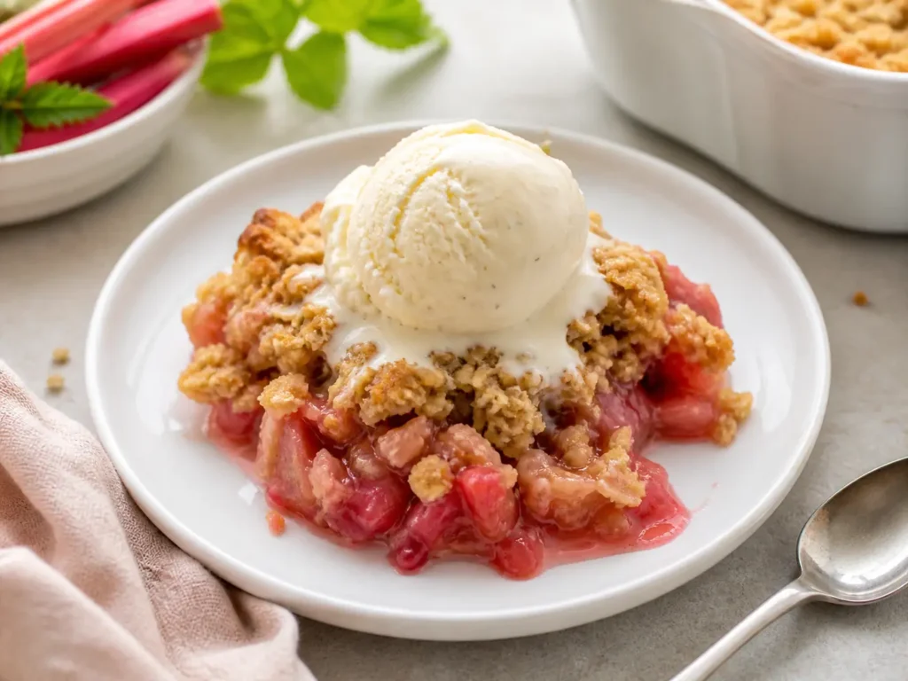 Warmer Rhabarber Crumble mit Haferflocken und Vanilleeis serviert