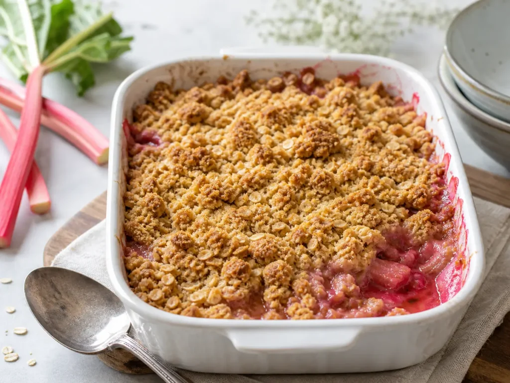 Rhabarber Crumble Rezept mit Haferflocken und knusprigen Streuseln