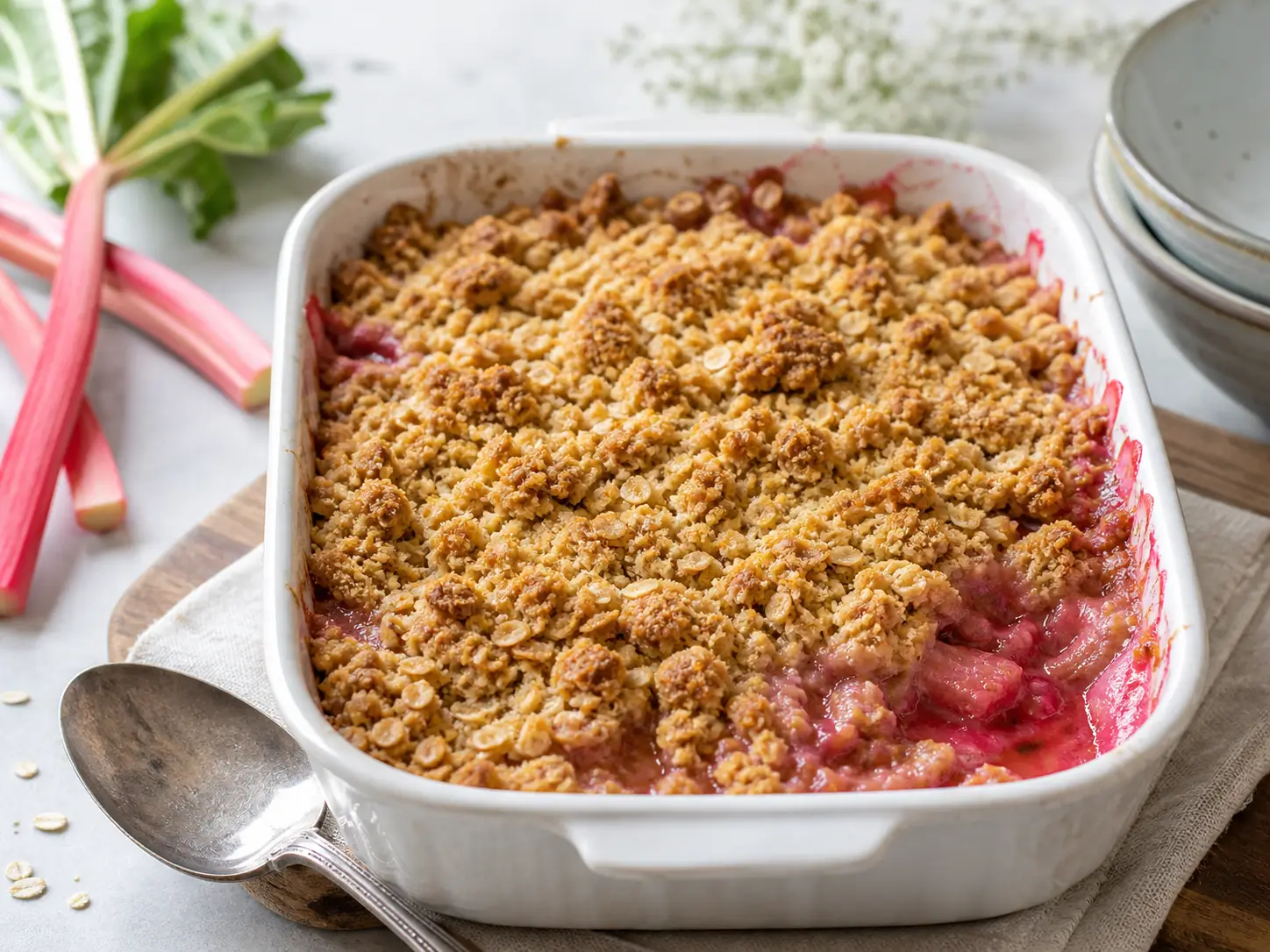 Rhabarber Crumble Rezept mit Haferflocken und knusprigen Streuseln