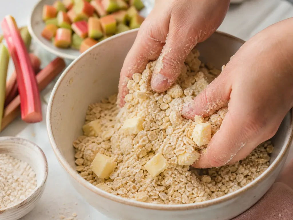 Haferflocken Streusel für Rhabarber Crumble werden mit kalter Butter zubereitet