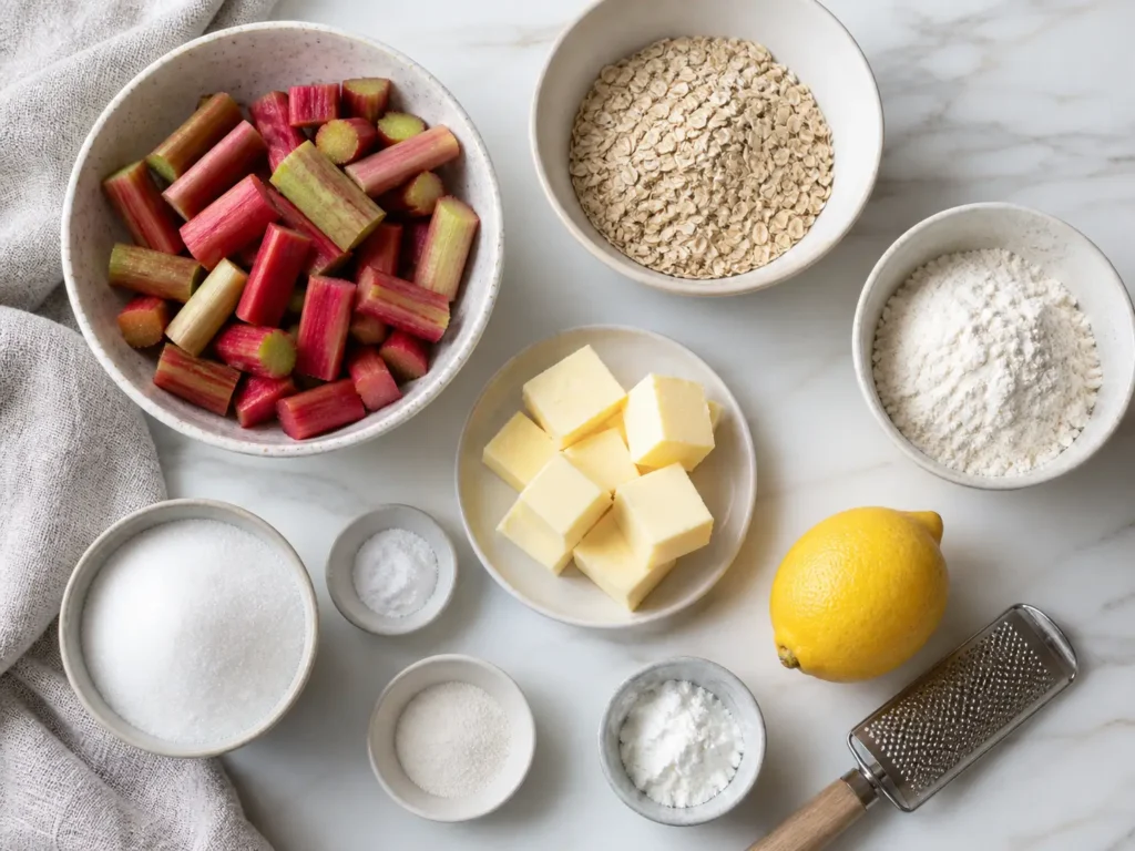 Zutaten für Rhabarber Crumble mit frischem Rhabarber Haferflocken Butter und Zucker