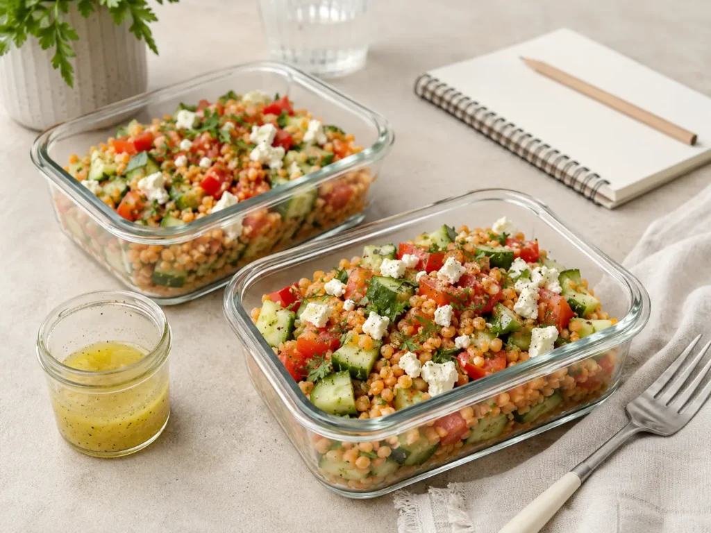 rote linsen salat meal prep in glasboxen mit dressing