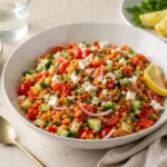 rote linsen salat mit feta gurke tomaten paprika und zitronen dressing