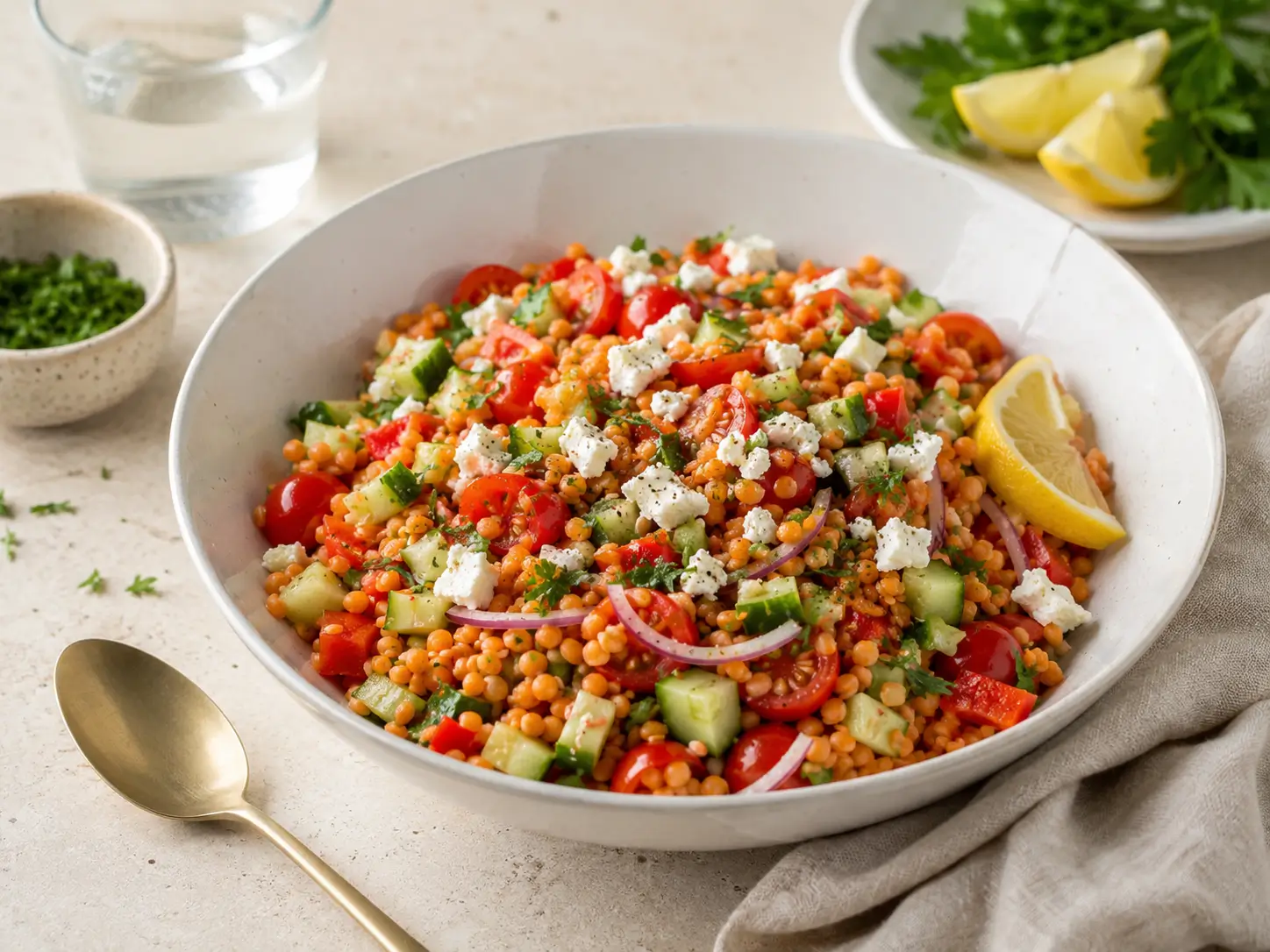 rote linsen salat mit feta gurke tomaten paprika und zitronen dressing