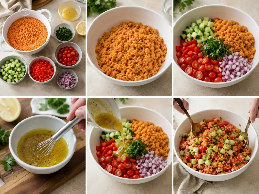 rote linsen salat mit gemuese und dressing vermengen