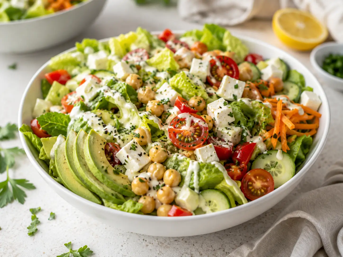 salad bowl mit buntem Gemüse, Kichererbsen, Feta und cremigem Dressing