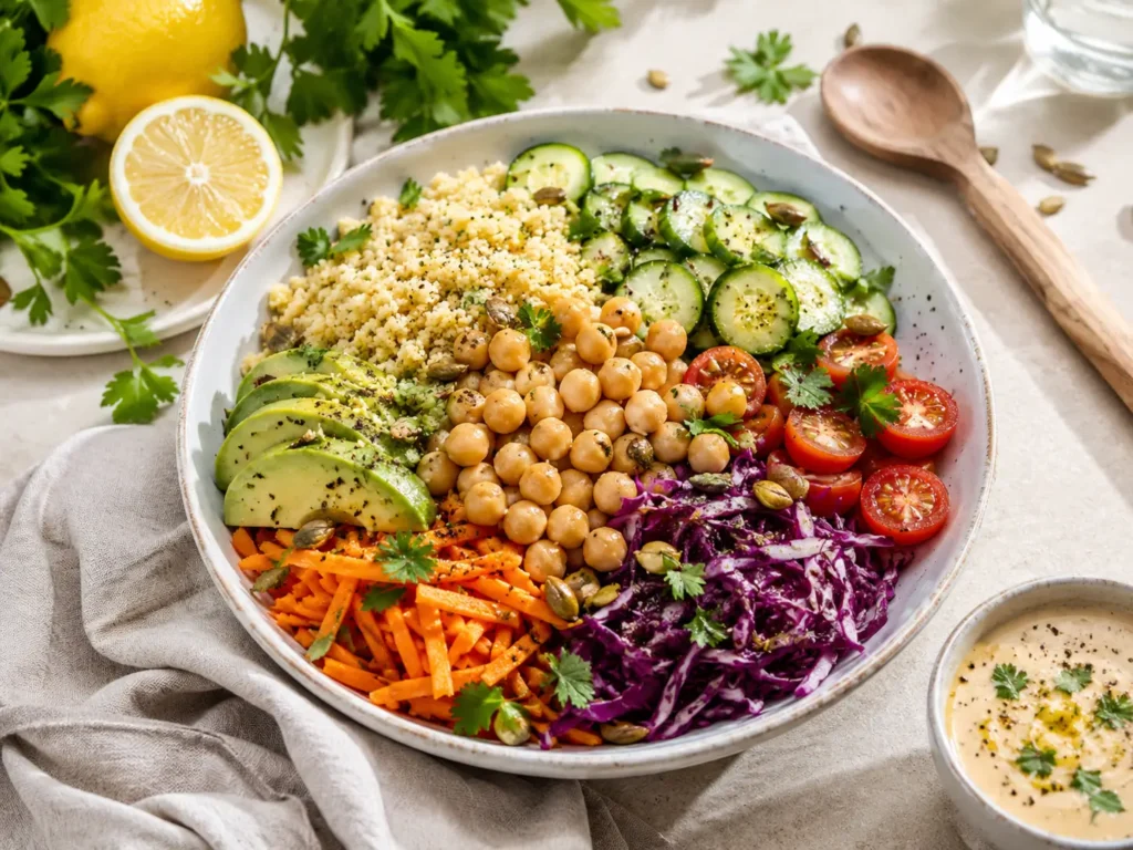 Salat vegan mit Kichererbsen, Couscous, frischem Gemüse und Tahini-Dressing