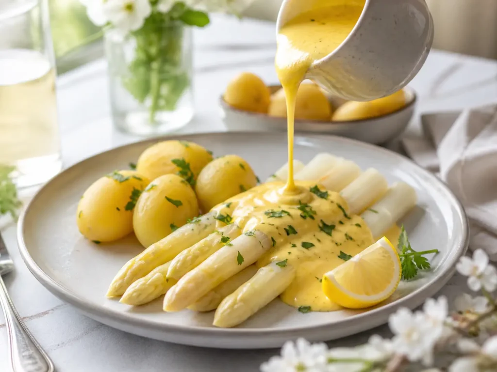 Selbstgemachte Sauce Hollandaise über Spargel serviert