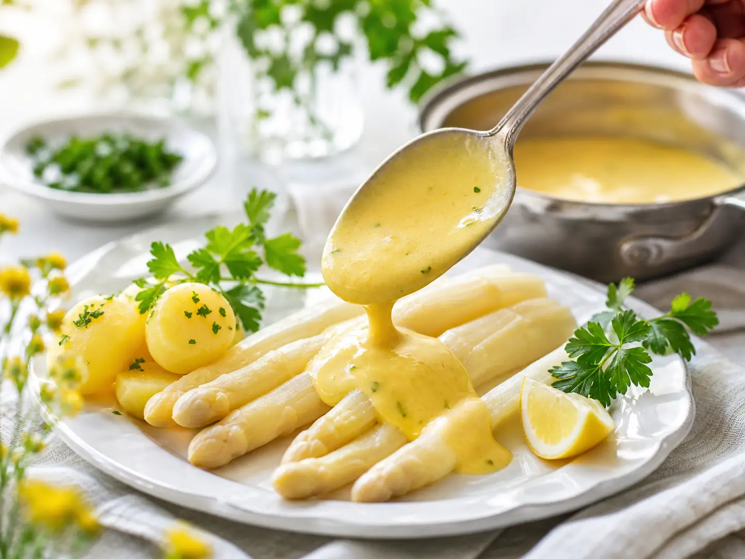 Sauce Hollandaise Rezept mit weißem Spargel und Kartoffeln