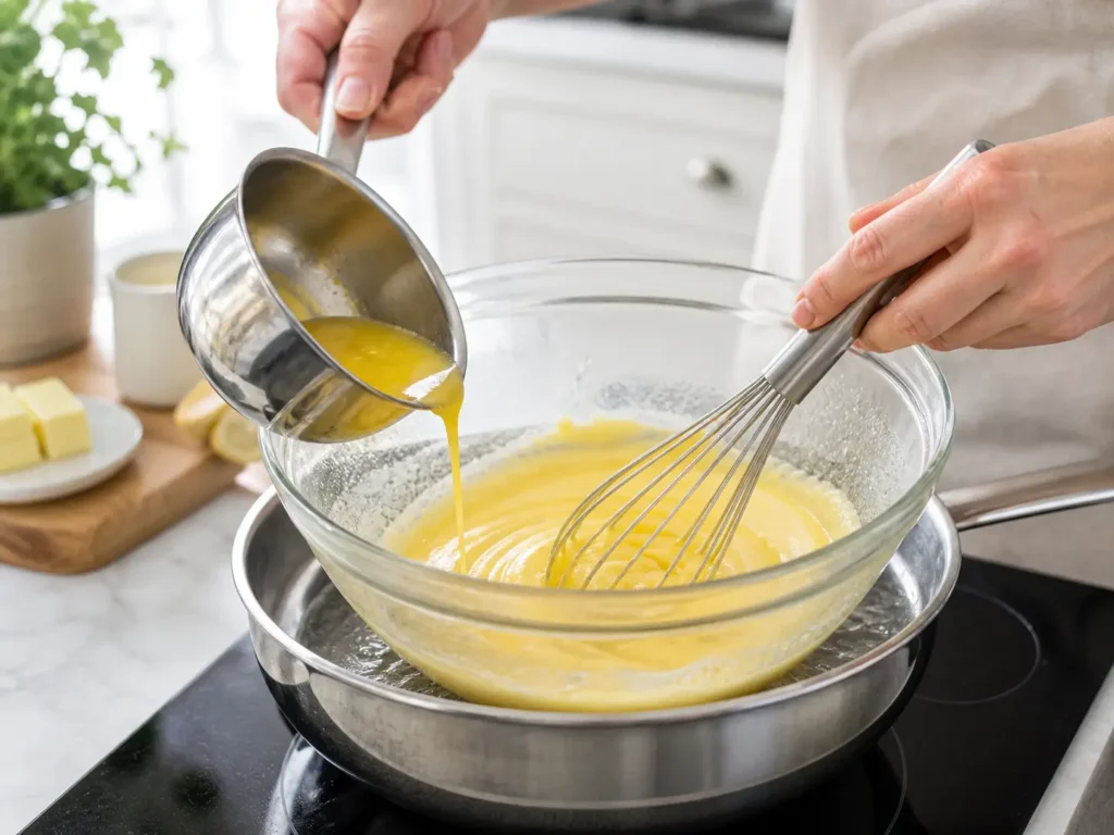 Sauce Hollandaise Rezept im Wasserbad mit Schneebesen zubereiten