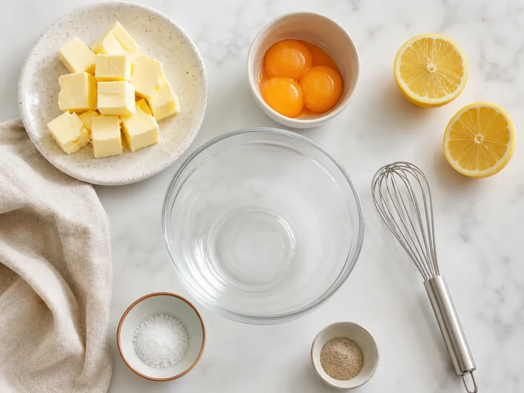 Zutaten für Sauce Hollandaise Rezept mit Butter Eigelb und Zitrone