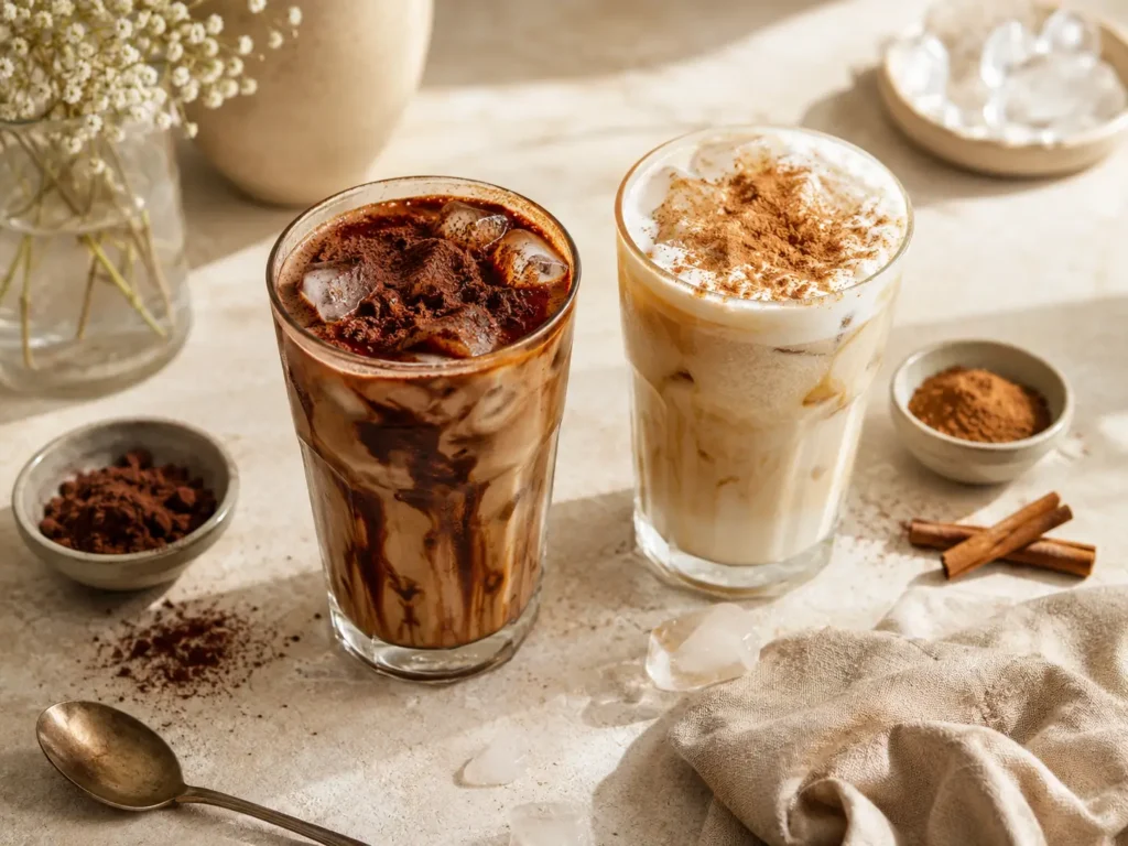 Schoko Mokka Eiskaffee und Zimt Iced Latte als einfache more iced coffee Alternativen
