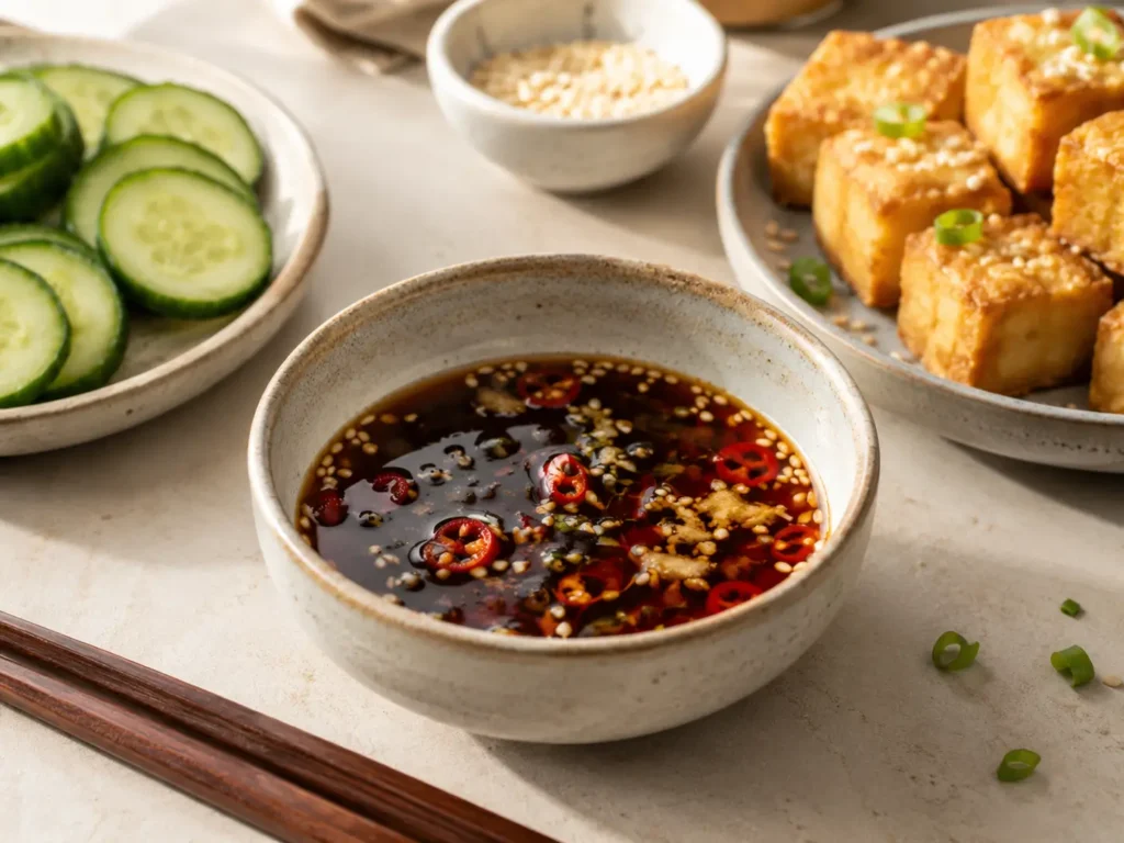 Shoyu Dip mit Ingwer, Sesam und Chili zu Gurke und Tofu