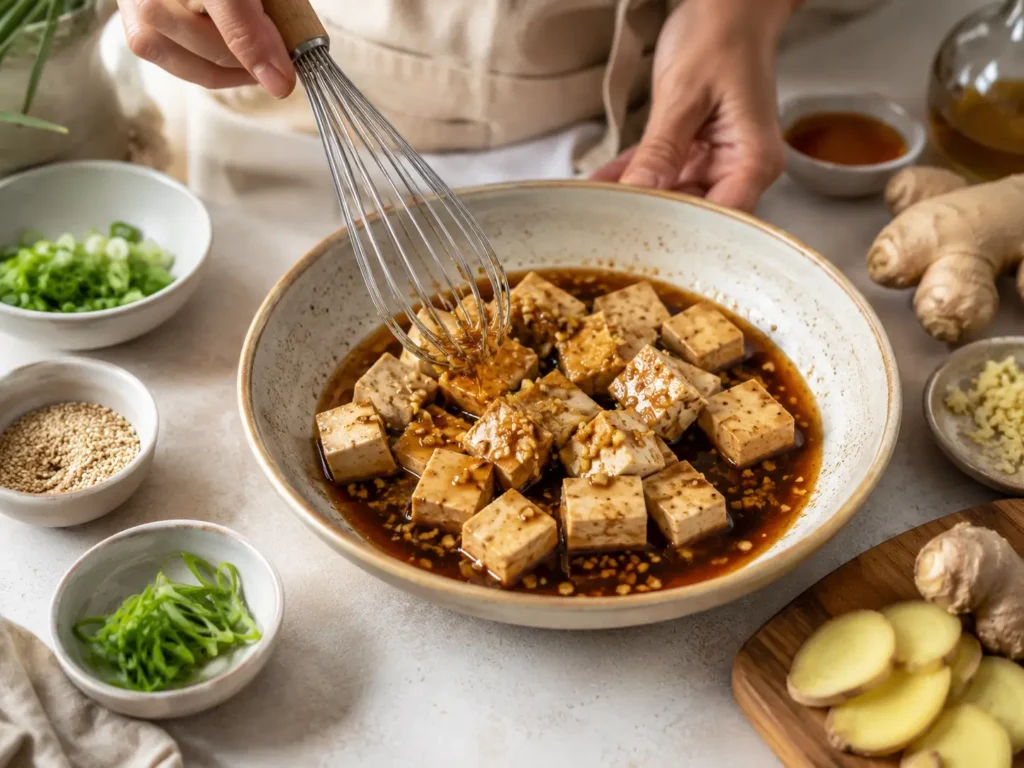 Tofu in Shoyu Marinade mit Ingwer, Knoblauch und Sesam
