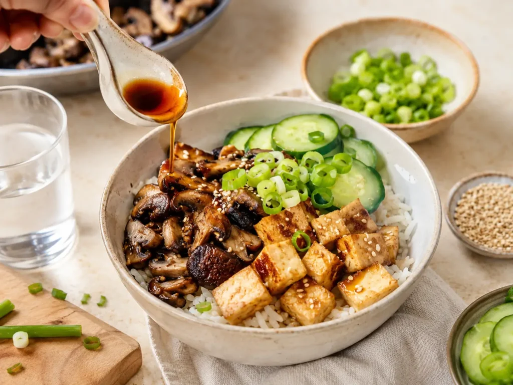 Reisbowl mit Tofu, Pilzen und Shoyu als japanische Sojasauce